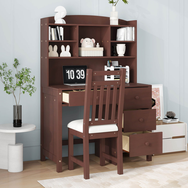 Ensemble de bureau d'écriture et chaise rembourrée avec bibliothèque, bureau d'ordinateur rétro 40 "avec 4 tiroirs, huche et chaise