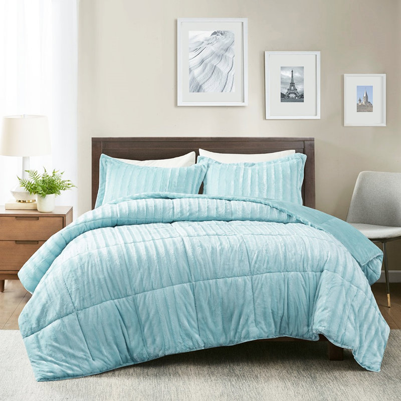 Édredon en fausse fourrure bleu sarcelle - Grand, 2 taies décoratives bleu sarcelle et coussin moelleux