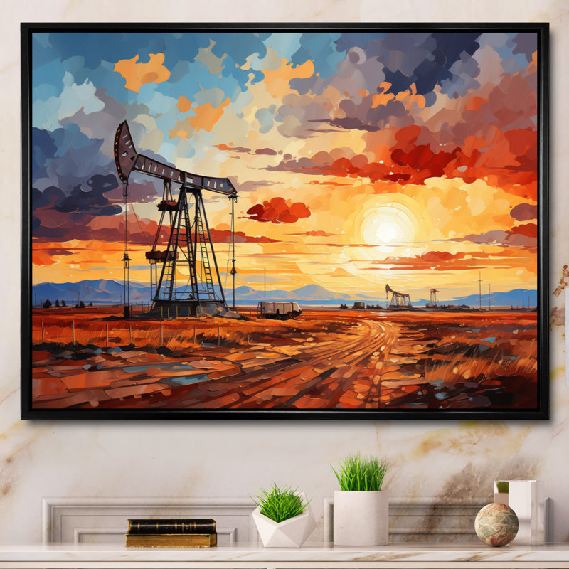 «Orange Oil Rigs Pumpjack In Texas I», reproduction sur toile, Cadre flottant noir, H 34 po x l 44 po x P 1,5 po