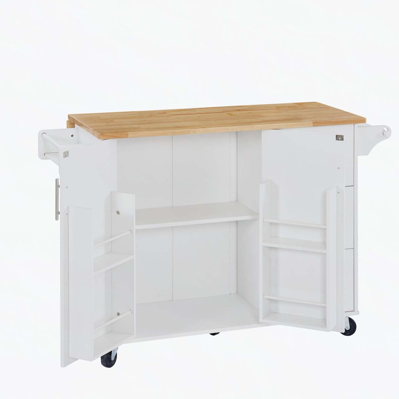 Îlot de cuisine avec comptoir à abattants, chariot d'îlot de cuisine roulant, table d'îlot de cuisine avec porte de grange avec armoire de rangement et support de tour, table d'îlot sur roulettes pour la cuisine, blanc