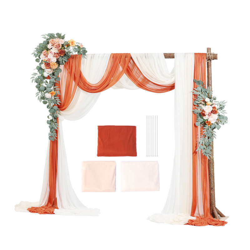 Ensemble de fleurs artificielles pour arche de mariage, fleurs orange pour arche de mariage avec voilages (lot de 5) - 2 compositions florales, 3 voilages transparents