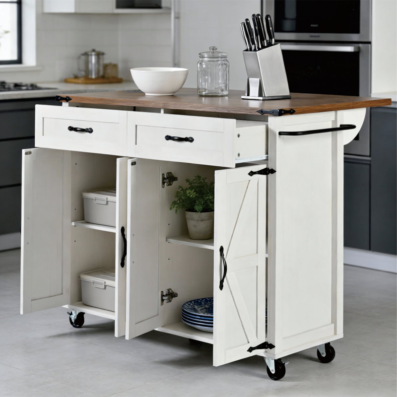 Îlot de cuisine Farmhouse avec abattant, supports de rangement, tiroirs et prise de courant, Blanc