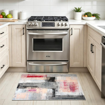 Beige Machine Washable,Grey and Red Abstract Art Painting Indoor Area Rug