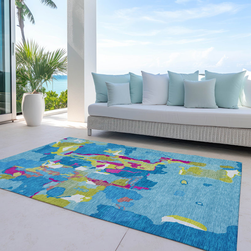 Aqua Abstract Flat Woven Washable Synthetic Rug 3' x 5'