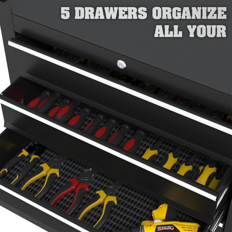 Heavy-duty Tool Cart & Worktable With 5 Drawers, Locking Casters, And Non-slip Mat, Black