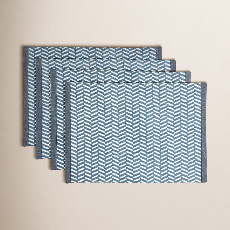 over&back Hand-Blocked Placemats, Set of 4, Blue Herringbone