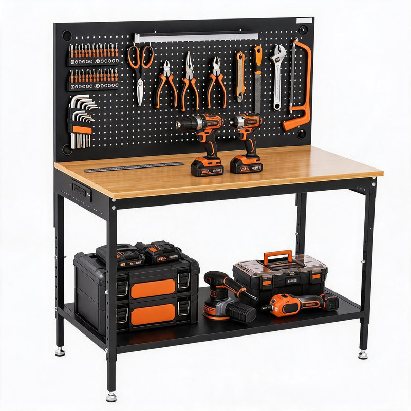 Établi robuste à hauteur réglable de 48 pouces, capacité maximale de 2000 lb avec tablette de rangement, panneau perforé, lumière DEL magnétique et multiprise intégrée pour atelier de menuiserie