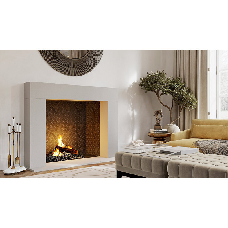 Cadre de cheminée contemporain en pierre avec foyer biseauté, Brun clair, H 52 po x l 70 po x P 10 po