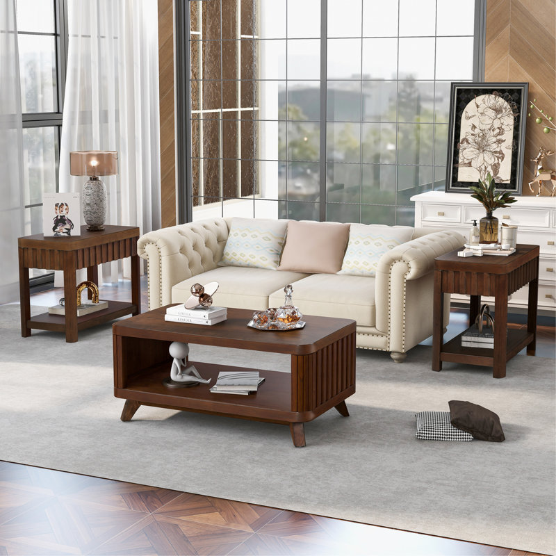 Ensemble de table de salon en bois massif 3 pièces, Noyer