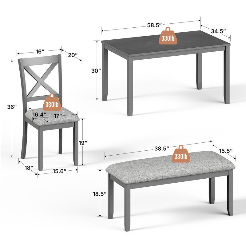 Dining Table Set for 6, 6-Piece  Kitchen Table & Chair Set, Includes 1 Table, 4 Upholstered Chairs & 1 Bench, X-shaped Backrest,