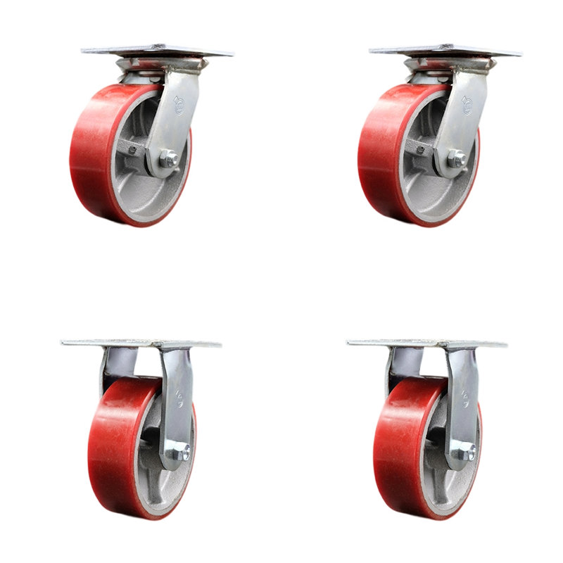 6 Inch Red Poly on Cast Iron Caster Set with Roller Bearings 2 Swivel 2 Rigid, Rouge
