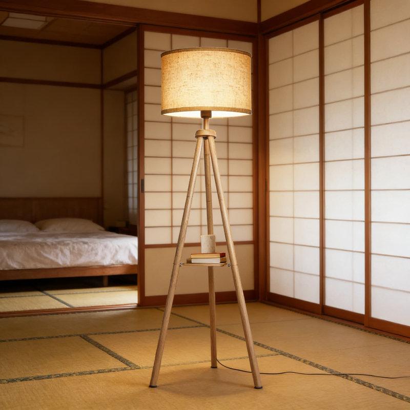 Lampe trépied moderne Mid-Century avec tablette - DEL à intensité variable avec télécommande, 4 températures de couleur, fonction mémoire et abat-jour en lin pour le salon, la chambre à coucher, le bureau