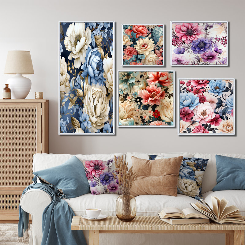 Ramires - Ensemble de 5 décorations murales florales, Cadre flottant blanc