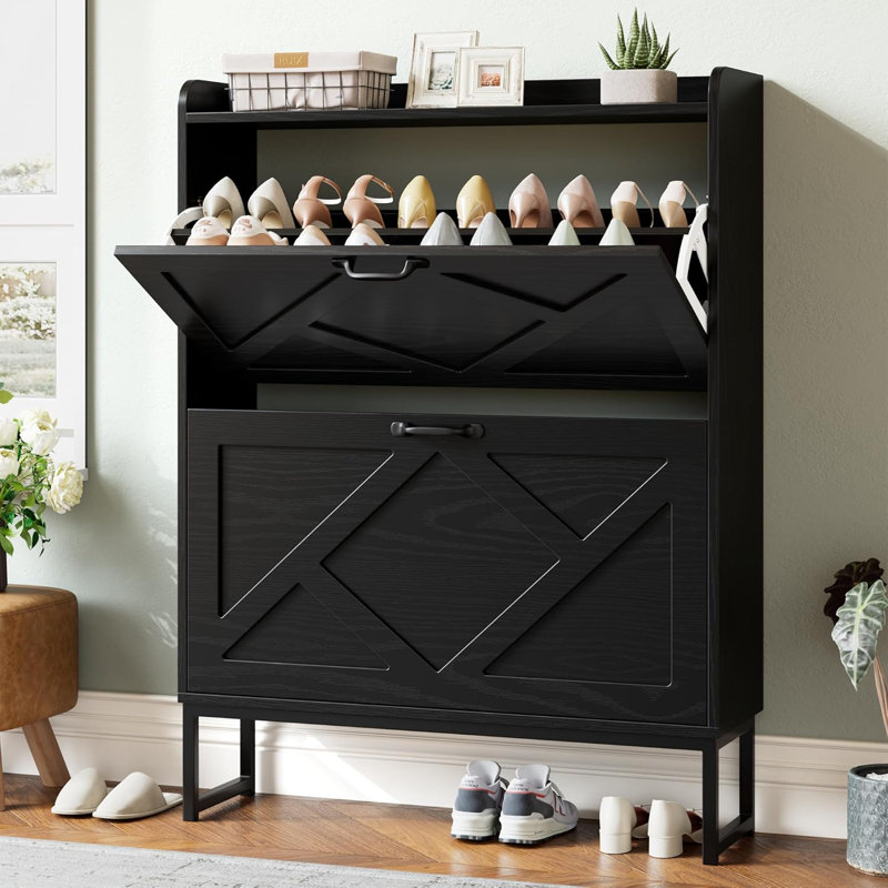 Freestanding Shoe Storage Cabinet With Flip Drawers, Narrow Shoe Organizer With Metal Legs, Farmhouse Style Slim Shoe Rack For Entryway, Foyer, Hallway