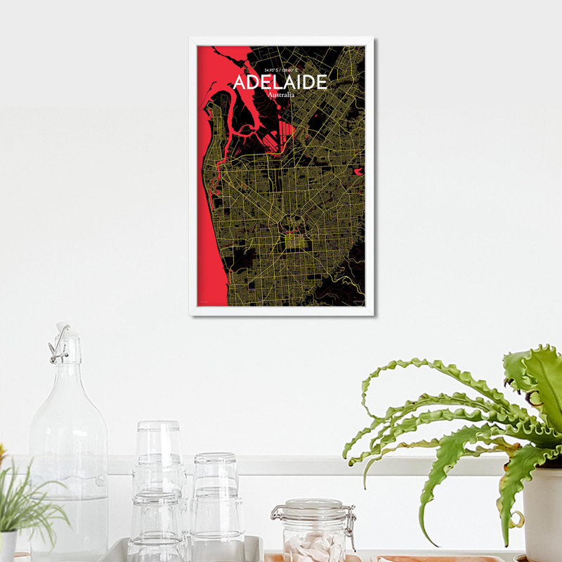 Adelaide City Map, impression, H 17 po x l 11 po, Noir / rouge / jaune