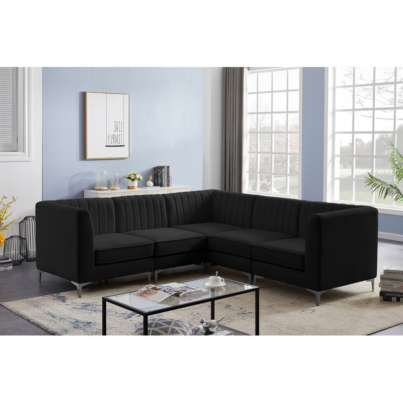 Enson Velvet L-Shaped Sectional Reversible, Black Velvet
