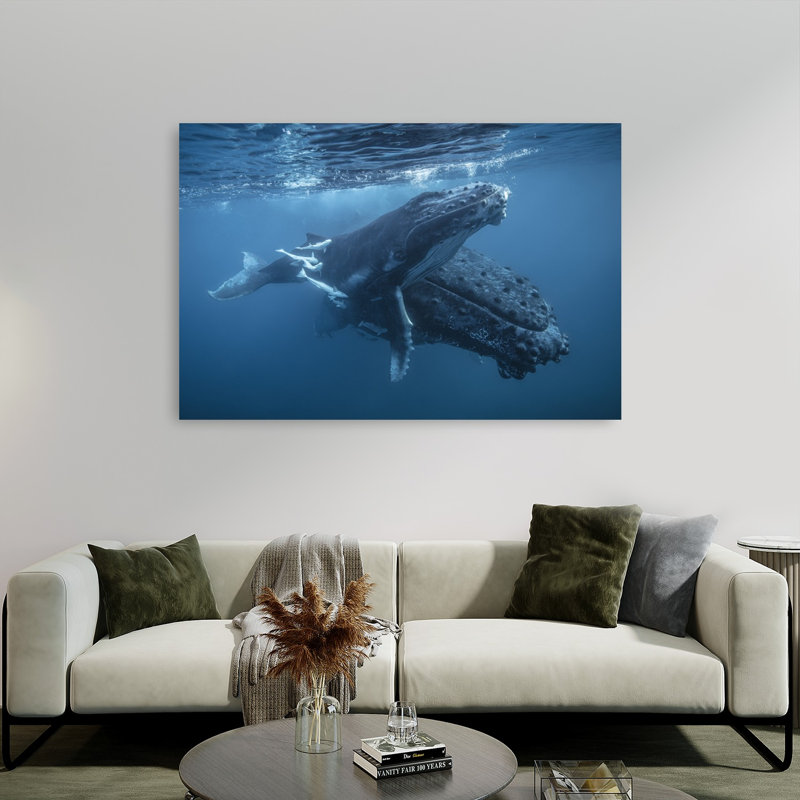 Humpback Whales Underwater Peaceful Serene Abstract Fish Whale Nature Ocean Wall Art Print 1 Piece Wrapped Canvas Wall Art