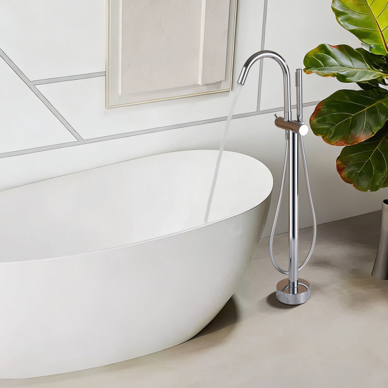 39"H Single Handle Floor Mounted Freestanding Tub Filler With Handheld Shower, Chrome