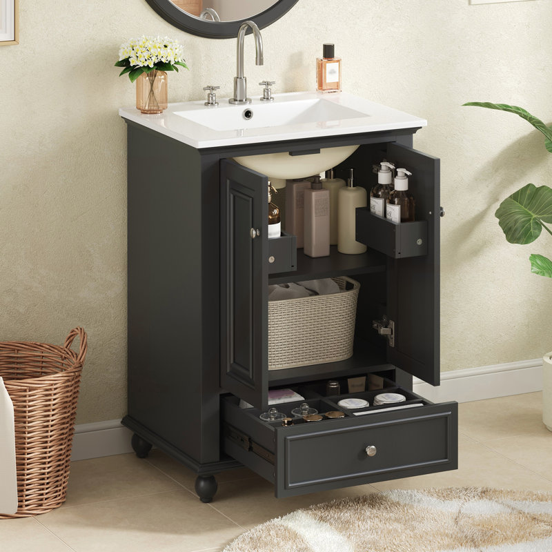 Meuble-lavabo de salle de bain avec lavabo en céramique, armoire de rangement de salle de bain avec portes à fermeture douce, armoire de salle de bain avec tiroir et séparateurs de tiroir, 24 po