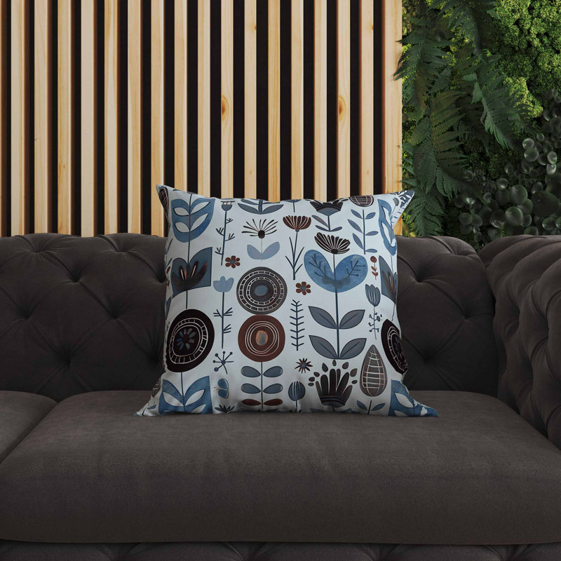 Coussin intérieur / extérieur Baltic Blossoms, Bleu/brun, Carré 16 po