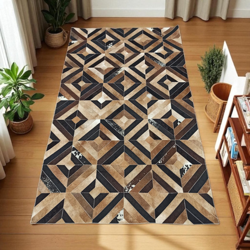 Tapis moderne en cuir de vache à motif géométrique, tapis de salon, Rectangulaire 2 pi x 3 pi