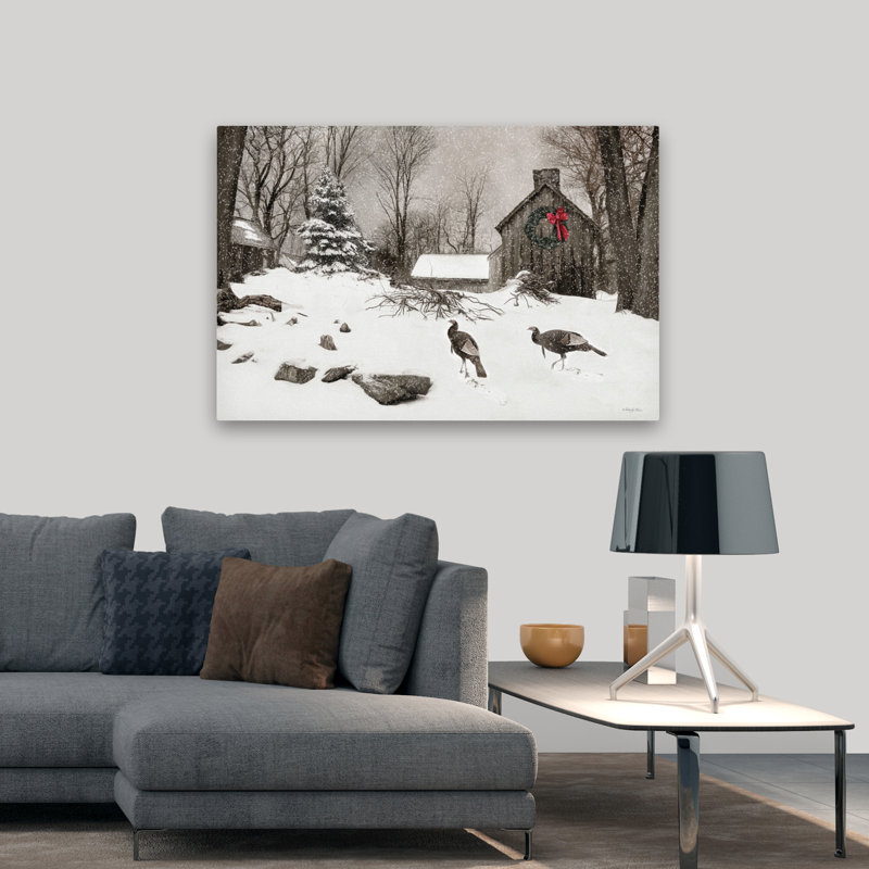 Snowy Rustic Retreat - Dinde contemporaine dans la neige, chalet rustique avec couronne, H 32 po x l 48 po
