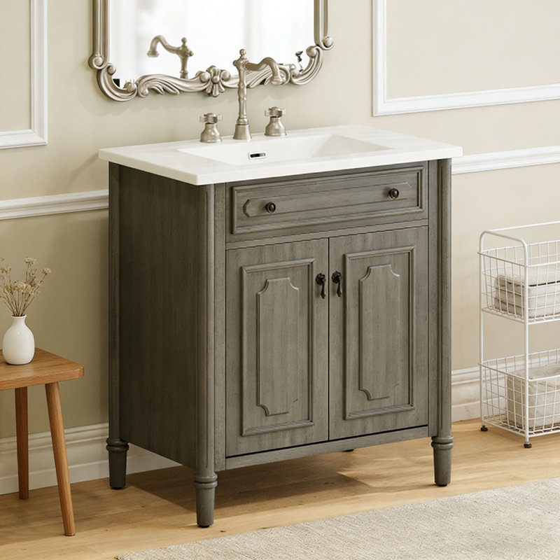 Meuble-lavabo de salle de bain rétro avec lavabo en céramique, armoire de rangement Vintage, Gris antique