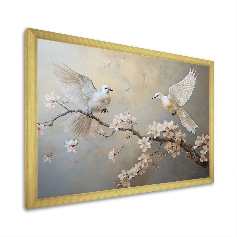 «White and Grey Birds Floral Serenity I», art mural oiseau, Cadre doré à coins fermés, H 12 po x l 20 po x P 1 po