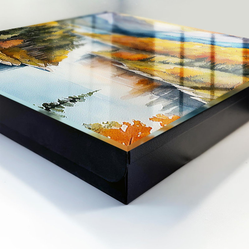 Decorative key box for wall, Opens to the right, 30x30x5, White, A lake surrounded by autumn forest and mountains, 