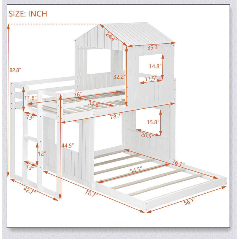 Lit superposé simple en bois sur lit double, lit mezzanine avec maisonnette, maison de campagne, échelle et garde-corps