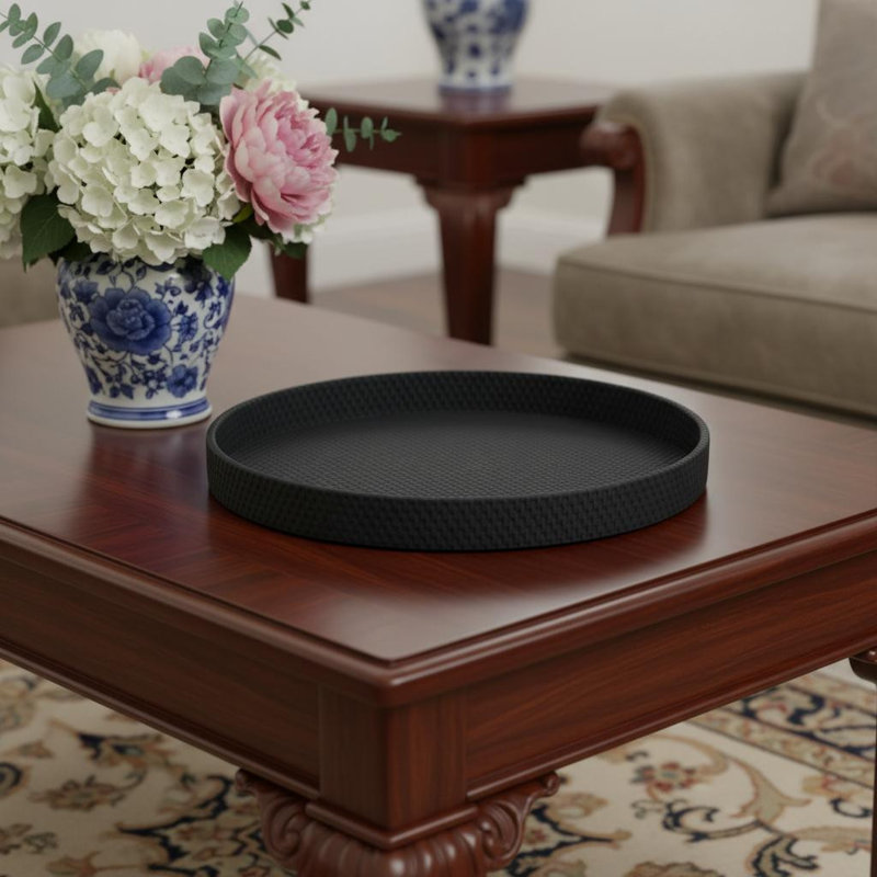 15" Black Faux Wicker Round Serving Tray