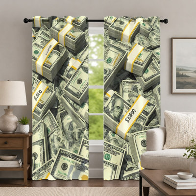 2 pièces de rideaux à imprimé de piles d'argent, rideaux à motif de dollar créatif, habillage de fenêtre à thème de l'argent de fantaisie décoratif pour le décor de la chambre à coucher