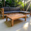 Ensemble de conversation modulaire d'extérieur en bois pour patio 5 pièces avec coussins, finition naturelle et coussins bleus