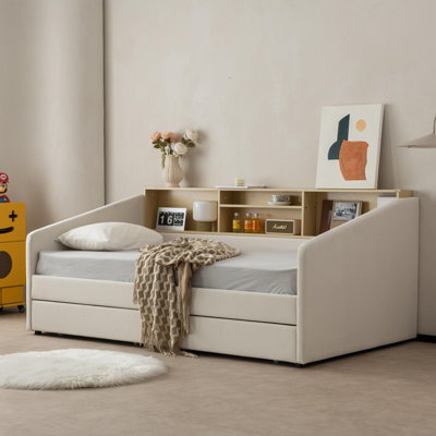 Lit de jour simple avec tablette et tête de lit tapissier 2 tiroirs Guisselle 