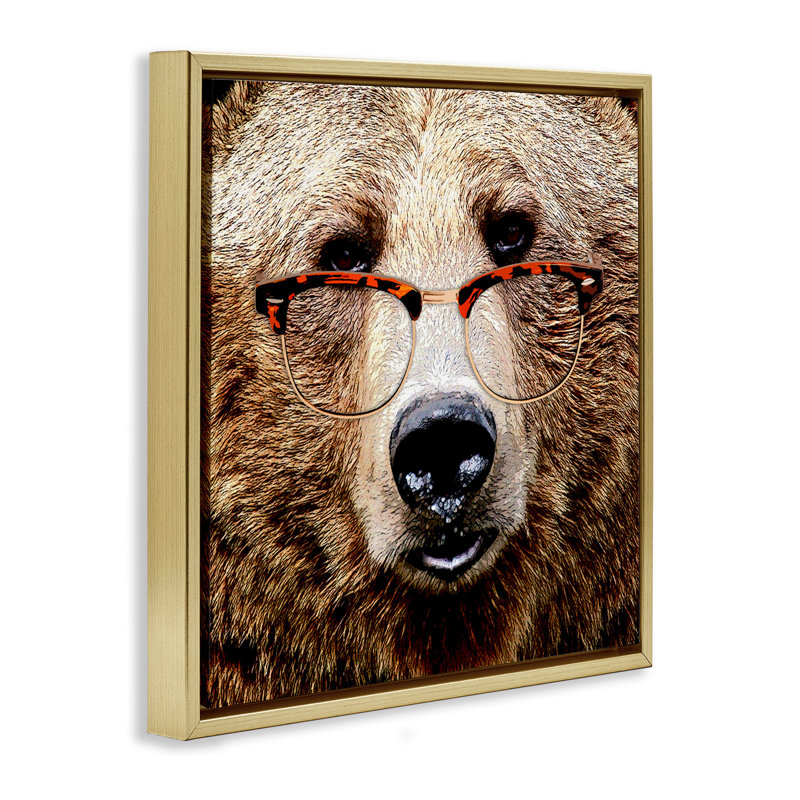 Grizzly avec lunettes, H 18 po x l 18 po, Cadre flottant métallique doré