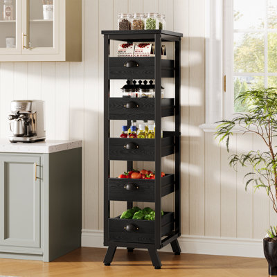 Black 5-Tier Narrow Snack Stand Fruit Basket Wood Fruit And Vegetable Storage Bakers Racks