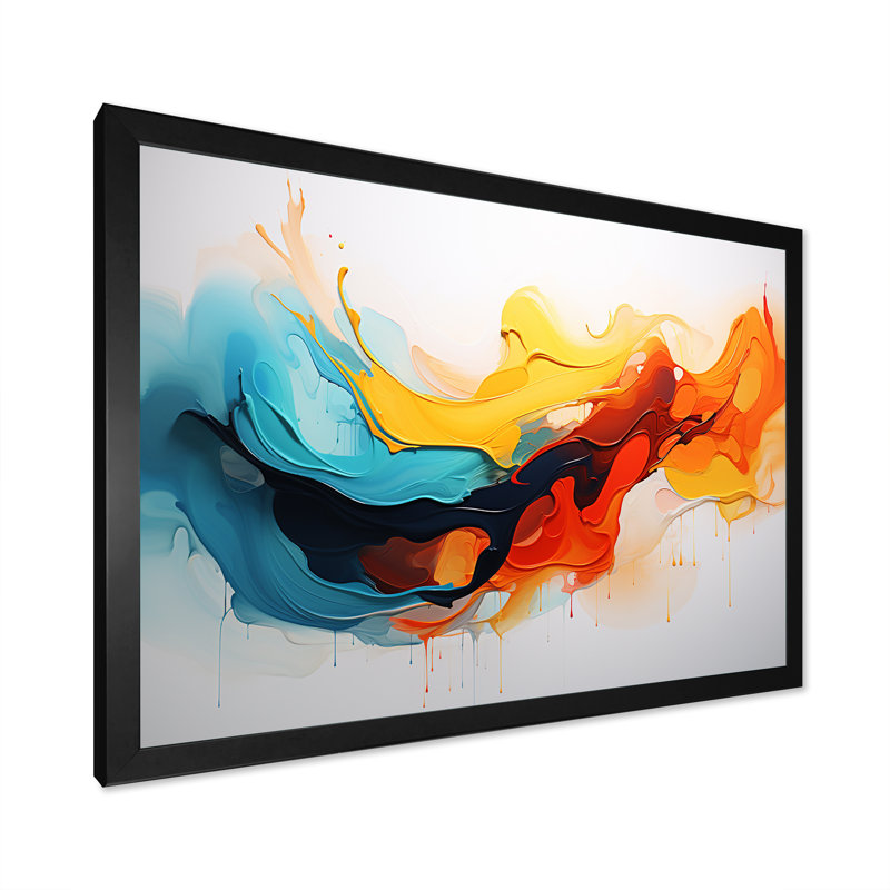 «Yellow Fractal Paint Wave Expression 7», art mural abstrait, H 24 po x l 32 po x P 1 po, Cadre d'angle fermé noir