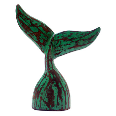 Handmade Whale Tale In Green Wood Statuette
