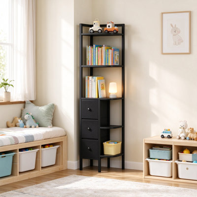Étagère d'angle avec tiroirs, bibliothèque de coin industrielle et support de rangement, étagère de présentation autoportante pour salon, bureau, cuisine et entrée