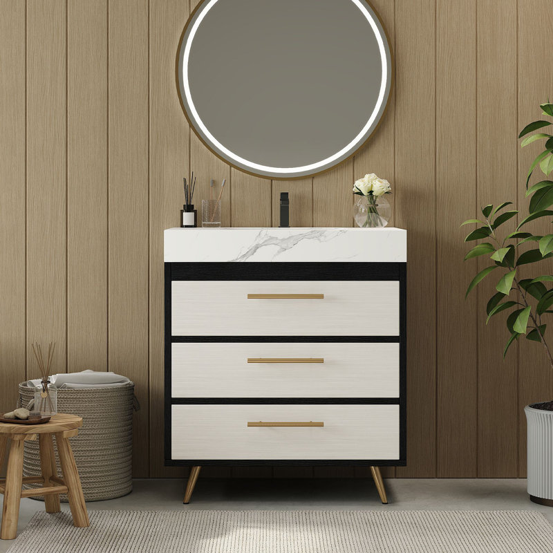 Meuble-lavabo autoportant moderne avec lavabo vasque en céramique et plateau en pierre frittée durable, Noir / blanc, Blanc