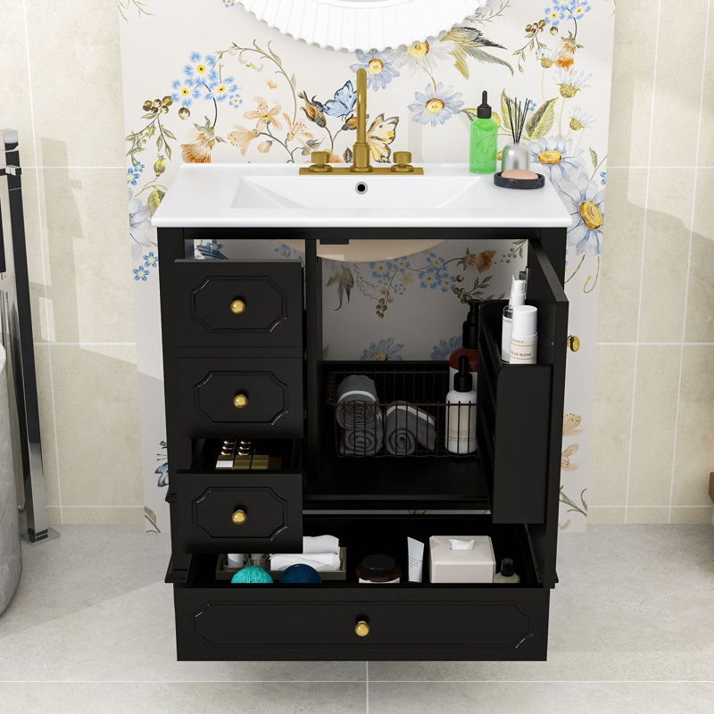Durable Wood Bathroom Vanity with Integrated Basin & Storage Shelves, Black/White