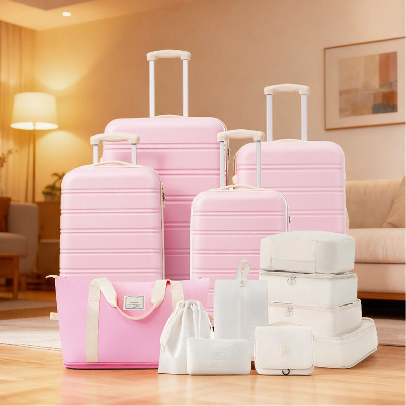 Valise Hardshell 4 pièces + valise à roulettes avec verrou TSA - 16 "+ 20" + 24 "+ 28" bagages, Brown+White