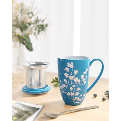 Tea Cup With Infuser And Lid - Tea Mug With Lid For Steeping Loose Leaf Coffee Milk Women Office Home Gift  Navy Flower