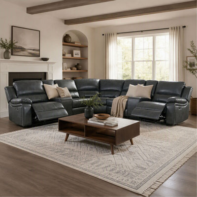 7-Piece Power Reclining Sectional Sofa with Ultra-Soft Premium Faux Leather, 3 Power Recliners, 2 USB Charging Ports, Cup Holders, and Oversized Lounge Seating for Living Room