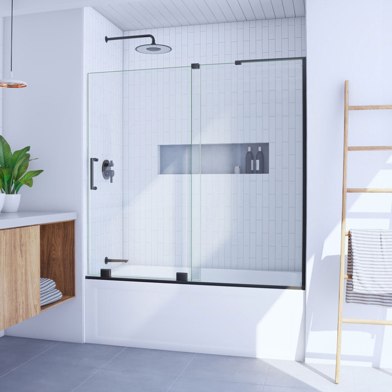 DreamLine Mirage-X 55 - 59 inch W x 58 inch H Frameless Sliding Tub Door, Matte Black/ Clear