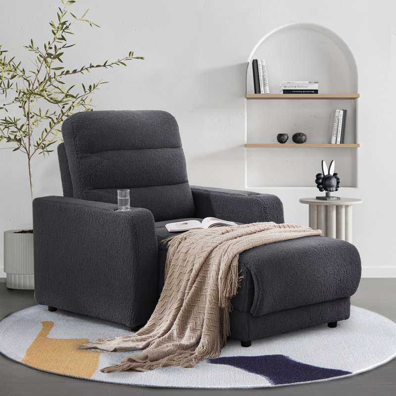 Upholstered Power Reclining Chaise Lounge with Cup Holder and Wireless Charging Function, Dark Gray 100% Polyester