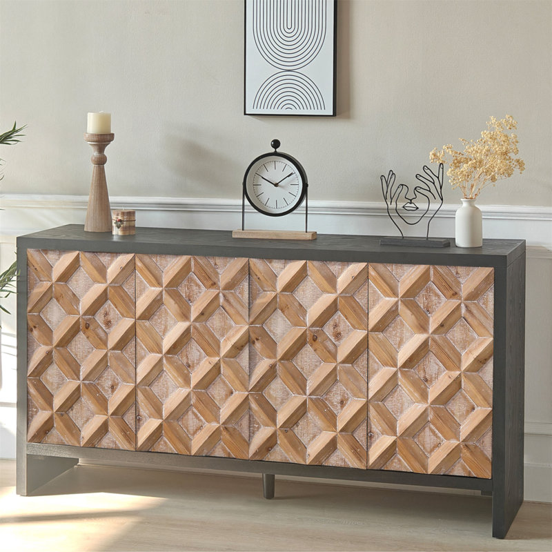 Rustic 4-Door Wood Cabinet with Geometric Pattern
