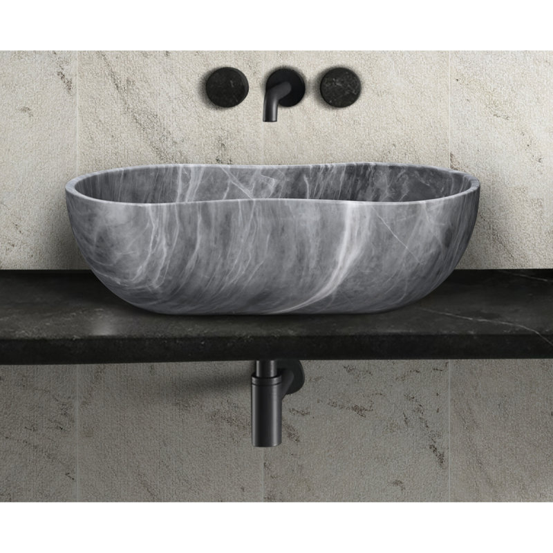 Lavabo vasque de salle de bain en marbre gris, profondeur de 23,6 pouces, hauteur de 7,1 pouces, forme ondulée distinctive, facile à nettoyer et à entretenir, s'adapte à différentes configurations naturelles 14,2 de large, finition semi-polie, pré-percé pour