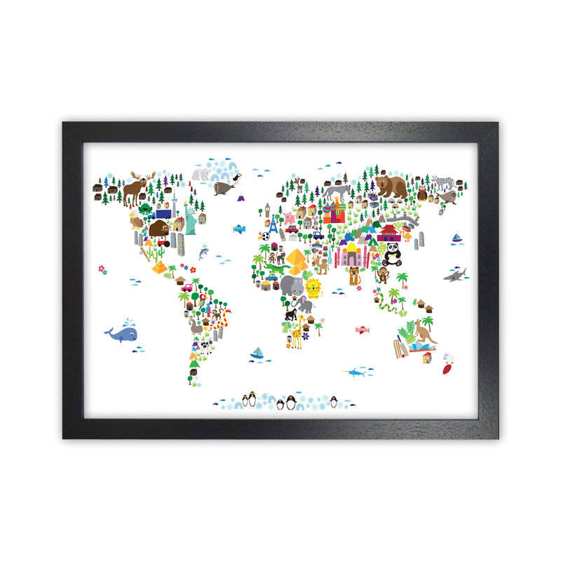 Animal Map Of The World Nursery by Michael Tompsett - Print, Black Framed, 34cm H x 46cm W x 3cm D