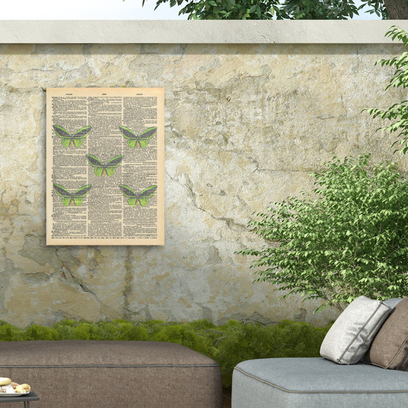 Marcus Jules, toile de fond verte avec papillons verts, H 14 po x l 19 po